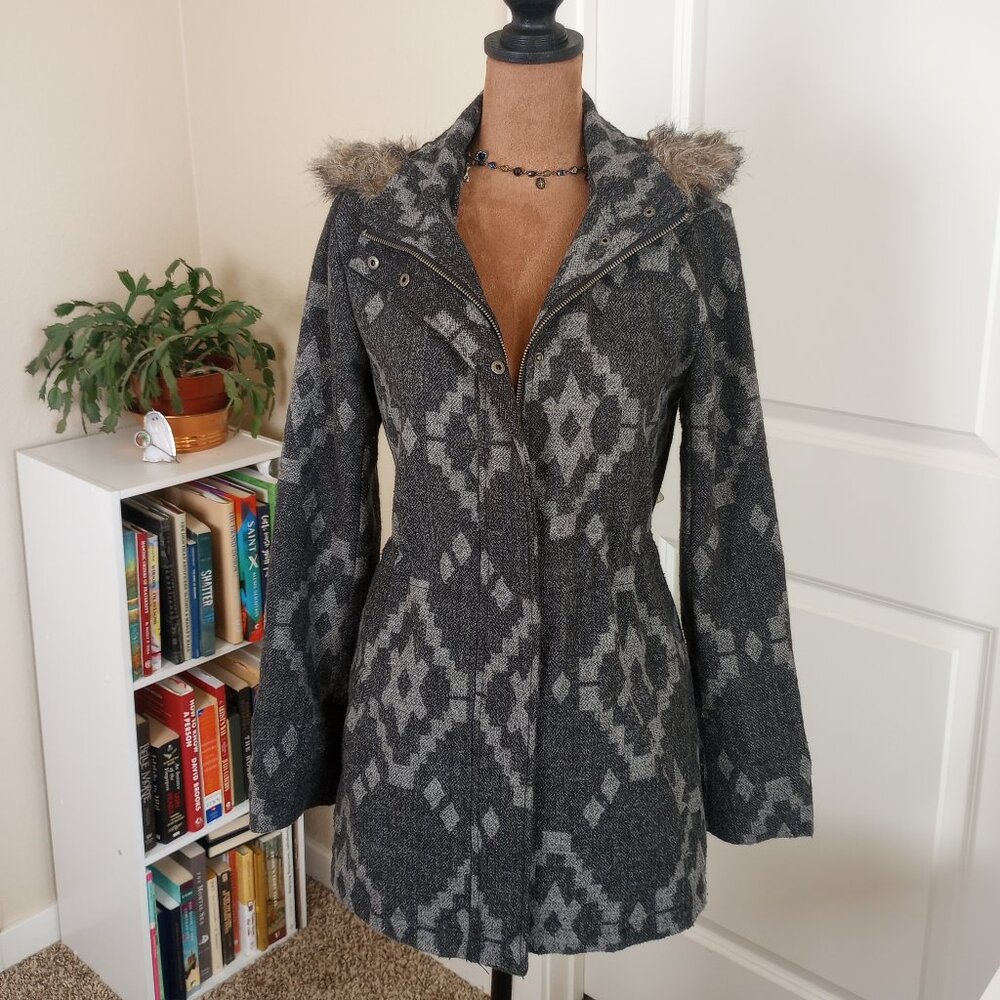 Full Tilt 00s Y2K Charcoal Grey Boho Whimsygoth Aztec Wool Blend Coat Full Tilt